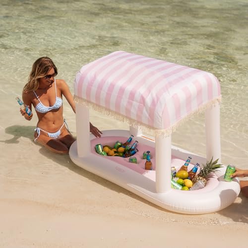 FUNBOY Giant Floating Pink Cabana Stripe Drink Station, Removable Fabric Shade with Fringe, Perfect for Parties, Table-Top Decorations and in-Pool Refreshments.