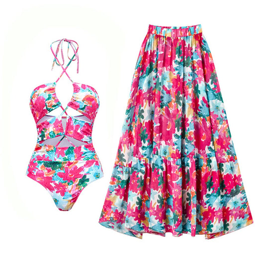 Summer Beach Outfits for Women: Swimsuits with Wrap Skirt Set Cover Up Sarong Long Maxi Dress 2 Piece Tropical Bathing Suit Coverups Bikini Sets Swimwear Monokini Beachwear Dark Pink Floral Medium