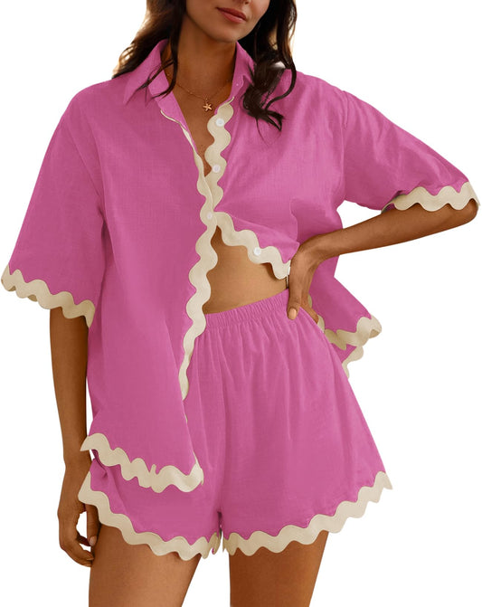 Fixmatti Women's Matching Linen Set Summer Casual Wave Printed Shirt And Hight Waisted Shorts Pants Sets Diana Pink S