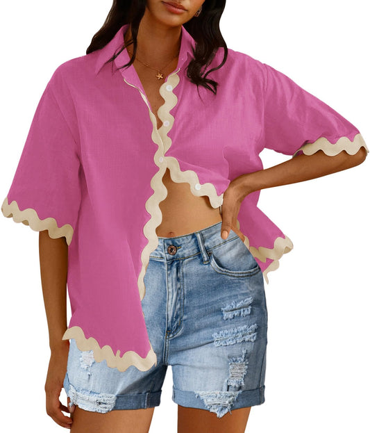 Fixmatti Women's Matching Linen Set Summer Casual Wave Printed Shirt And Hight Waisted Shorts Pants Sets Diana Pink S